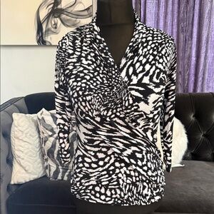 Chaus Black and White Patterned Wrap Blouse